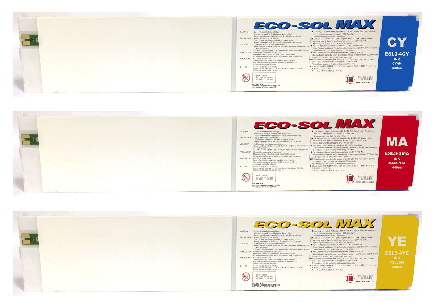 SET 3 Cartuccia rigenerata ROLAND ECO-SOL MAX  CMY per Roland BN-20 RS-540 RS-640 SJ-645EX SJ-745EX SJ-1045IS SP-300i SP-300V SP-540i SP-540V VP-540i VP-300i XC-540 XJ-640 XJ-740